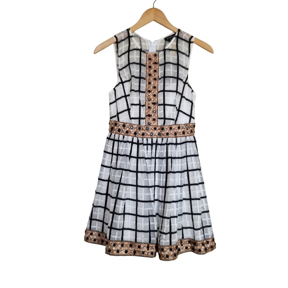 Bebe White & Black Checked Print Bead  Embellished Sleeveless Mini Dress Size 4